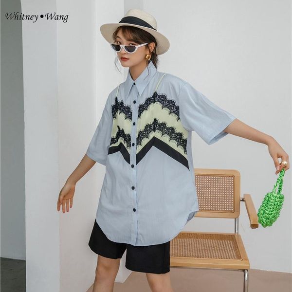 women's blouses & shirts whitney wang 2021 summer fashion streetwear colors contrast lace patchwork oversize blouse women blusas lady s, White
women's blouses & shirts whitney wang 2021 summer fashion streetwear colors contrast lace patchwork oversize blouse women blusas lady s, White
