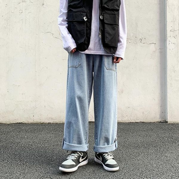 2021 spring new wide-leg jeans men's straight loose pants hong kong style trend retro trousers bottom buckle ankle-length pants, Blue
2021 spring new wide-leg jeans men's straight loose pants hong kong style trend retro trousers bottom buckle ankle-length pants, Blue