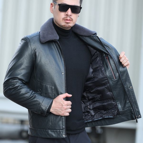leather middle-aged casual thickened leather new winter down lapel men's jacket, Black
leather middle-aged casual thickened leather new winter down lapel men's jacket, Black