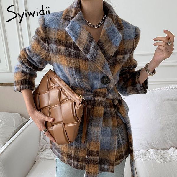 syiwidii woolen coat plaid blazers for women winter clothes sashes casual single button notched suit jackets 2021 spring fashion, White;black
syiwidii woolen coat plaid blazers for women winter clothes sashes casual single button notched suit jackets 2021 spring fashion, White;black
