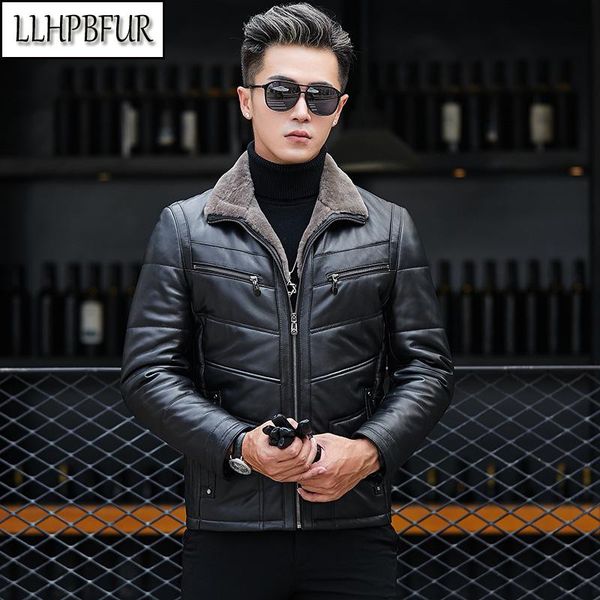 men's leather & faux brand real sheepskin down jacket, lapel white duck winter warm non-removable wool collar, Black
men's leather & faux brand real sheepskin down jacket, lapel white duck winter warm non-removable wool collar, Black