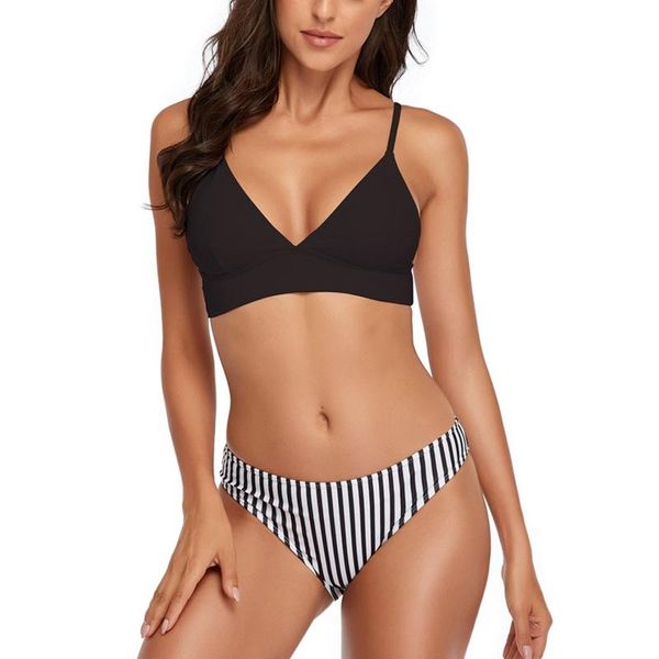 women's swimwear women v-neck two pieces swimsuit adjustable solid color padded bra stripe panties bikini suit, White;black 
women's swimwear women v-neck two pieces swimsuit adjustable solid color padded bra stripe panties bikini suit, White;black