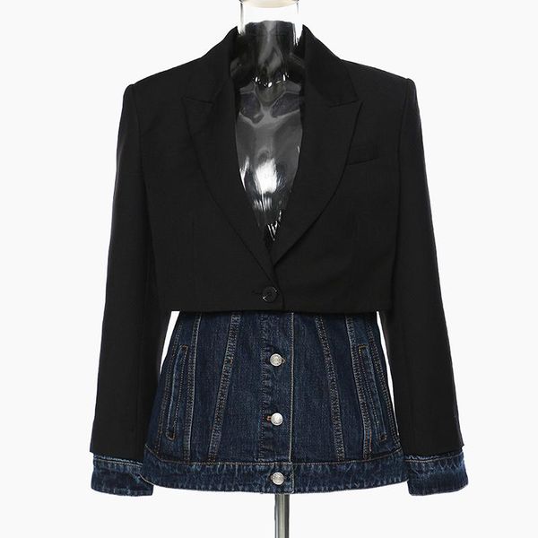 women's suits & blazers women denim patchwork blazer spring autumn fake two piece casual jacket 2021, White;black
women's suits & blazers women denim patchwork blazer spring autumn fake two piece casual jacket 2021, White;black