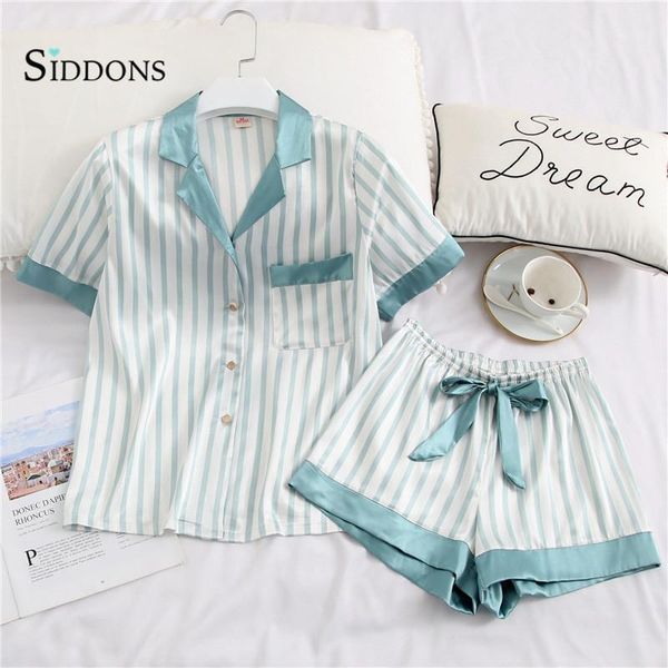 women's sleepwear siddons women pajamas set 2 pieces stripe faux silk suit cute short sleeves shorts for female, Black;red
women's sleepwear siddons women pajamas set 2 pieces stripe faux silk suit cute short sleeves shorts for female, Black;red