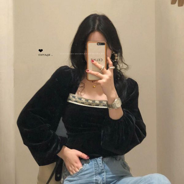 women's t-shirt women shirt french retro style balck velvet long sleeve blouse fashion spring autumn square collar elegant, White
women's t-shirt women shirt french retro style balck velvet long sleeve blouse fashion spring autumn square collar elegant, White