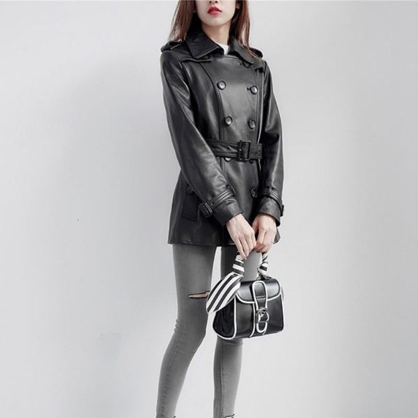 women's leather & faux autumn jacket coat black sheepskin motorcycle clothing belt thin double button design top
women's leather & faux autumn jacket coat black sheepskin motorcycle clothing belt thin double button design top