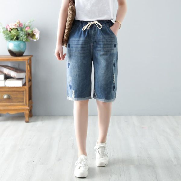 women's shorts 038 women casual loose heart-shaped embroidery ripped washed denim drawstring elastic waist female half length jeans, White;black
women's shorts 038 women casual loose heart-shaped embroidery ripped washed denim drawstring elastic waist female half length jeans, White;black