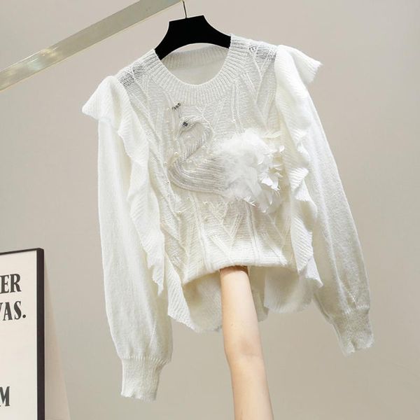 women's sweaters pull femme beads rhinestones 3d swan sweet pleated lace ruffles stitching hollow-out pullover loose all-match knit swe, White;black
women's sweaters pull femme beads rhinestones 3d swan sweet pleated lace ruffles stitching hollow-out pullover loose all-match knit swe, White;black