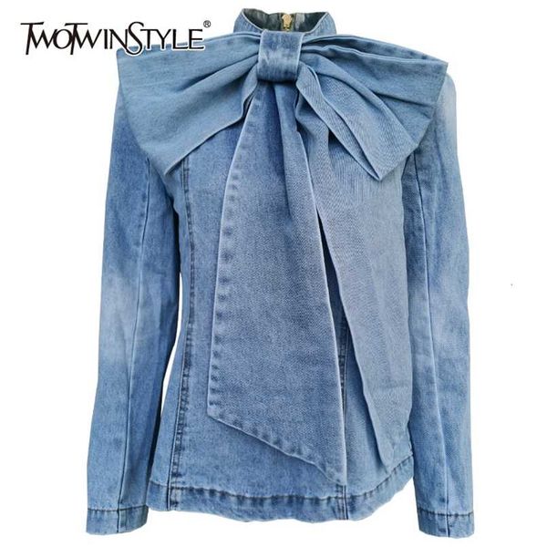 twotwinstyle patchwork bow denim women's jacket stand collar long sleeve vintage ruched jackets for female fashion clothing 211014, Black;brown
twotwinstyle patchwork bow denim women's jacket stand collar long sleeve vintage ruched jackets for female fashion clothing 211014, Black;brown