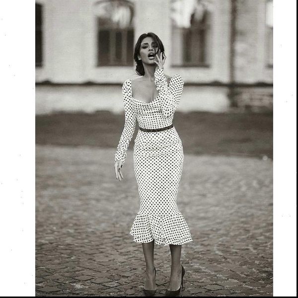 elegant white knotted strap polka dot mermaid hem summer pencil midi dress women slim bodycon office lady ruffle dresses, Black;gray 
elegant white knotted strap polka dot mermaid hem summer pencil midi dress women slim bodycon office lady ruffle dresses, Black;gray