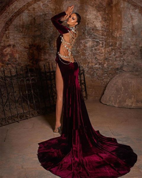 party dresses burgundy velvet evening luxury crystal beads long sleeves robe de mariée mermaid prom gowns high neck custom made, White;black
party dresses burgundy velvet evening luxury crystal beads long sleeves robe de mariée mermaid prom gowns high neck custom made, White;black