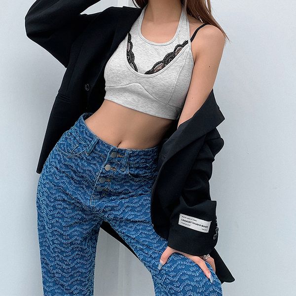fashion slim splice lace halter gray comisole women backless false two piece crop tank summer casual club top, White
fashion slim splice lace halter gray comisole women backless false two piece crop tank summer casual club top, White
