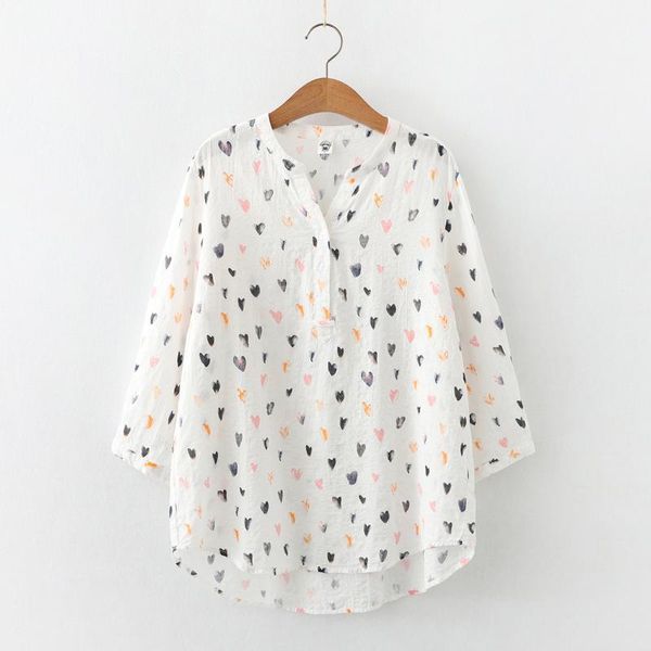 women's blouses & shirts chic v neck three quarter cotton women summer elegant loose love heart print colorful literary feminina, White
women's blouses & shirts chic v neck three quarter cotton women summer elegant loose love heart print colorful literary feminina, White