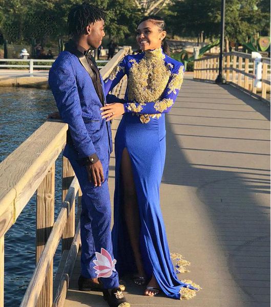 royal blue long sleeves split mermaid evening dresses with gold appliques high neck sweep train prom party gowns, Black;red
royal blue long sleeves split mermaid evening dresses with gold appliques high neck sweep train prom party gowns, Black;red