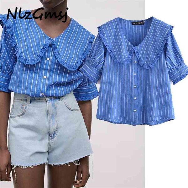 women's shirts cutwork blue striped female peter pan collar short puff sleeve button up 03 210628, White
women's shirts cutwork blue striped female peter pan collar short puff sleeve button up 03 210628, White