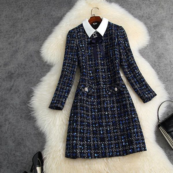 casual dresses fashion designer navy blue plaid bow tie tweed dress autumn winter women long sleeve diamonds button vintage woolen short, Black;gray
casual dresses fashion designer navy blue plaid bow tie tweed dress autumn winter women long sleeve diamonds button vintage woolen short, Black;gray