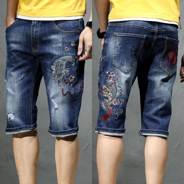 men's shorts summer fish embroidered denim tide slim stretch five-part pants all-match fashion casual thin short jeans, White;black
men's shorts summer fish embroidered denim tide slim stretch five-part pants all-match fashion casual thin short jeans, White;black