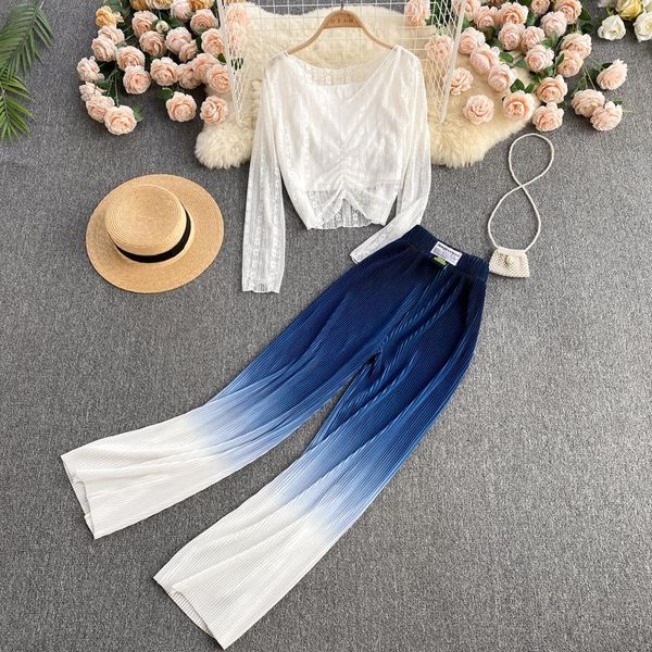 women's two piece pants summer suit long-sleeved lace blouse, short wild high-waist pleated wide-leg fashionable two-piece dk740, White
women's two piece pants summer suit long-sleeved lace blouse, short wild high-waist pleated wide-leg fashionable two-piece dk740, White