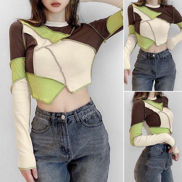 kf-ladies' contrasting color irregular stitching round neck long sleeve t-shirt khaki, White
kf-ladies' contrasting color irregular stitching round neck long sleeve t-shirt khaki, White