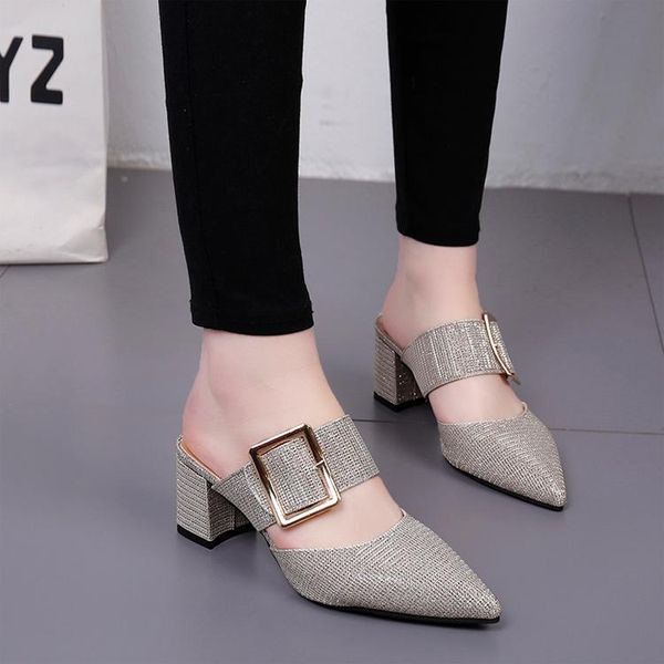women 2021 summer fashion casual belt buckle pointed toe half slippers wild mid-height square heel mules shoes, Black
women 2021 summer fashion casual belt buckle pointed toe half slippers wild mid-height square heel mules shoes, Black