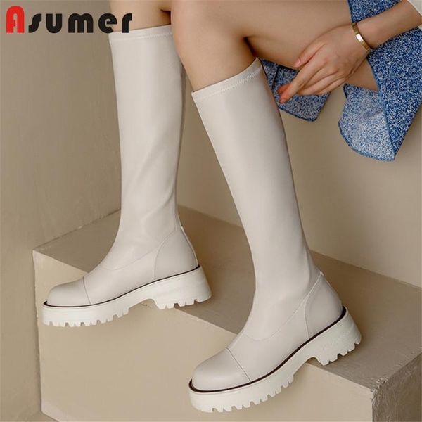 boots asumer 2022 arrive autumn winter knee high women flat shoes round toe genuine leather +stretch pu riding, Black
boots asumer 2022 arrive autumn winter knee high women flat shoes round toe genuine leather +stretch pu riding, Black