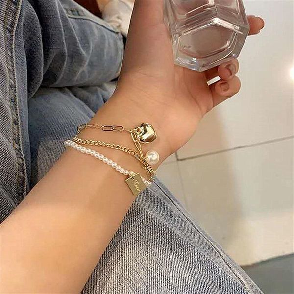 link, chain 1pcs layered pearl heart bracelet on hand boho simple design letter tag for women vintage hip hop link baubles, Black
link, chain 1pcs layered pearl heart bracelet on hand boho simple design letter tag for women vintage hip hop link baubles, Black