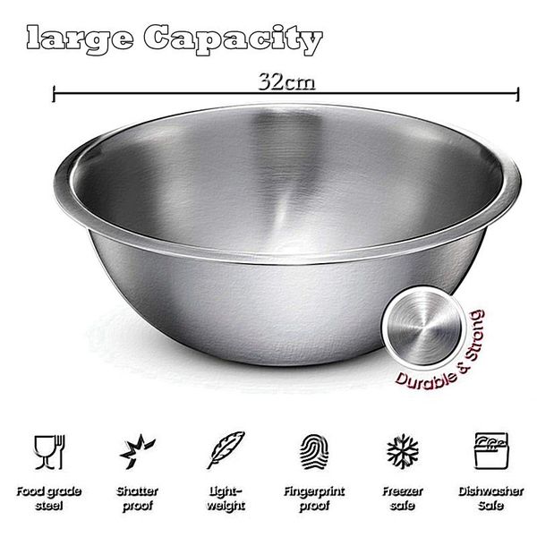 32cm large capacity 304 stainless steel mixing bowl for kitchen restaurant dinner soup salad bowl vegetable container
32cm large capacity 304 stainless steel mixing bowl for kitchen restaurant dinner soup salad bowl vegetable container