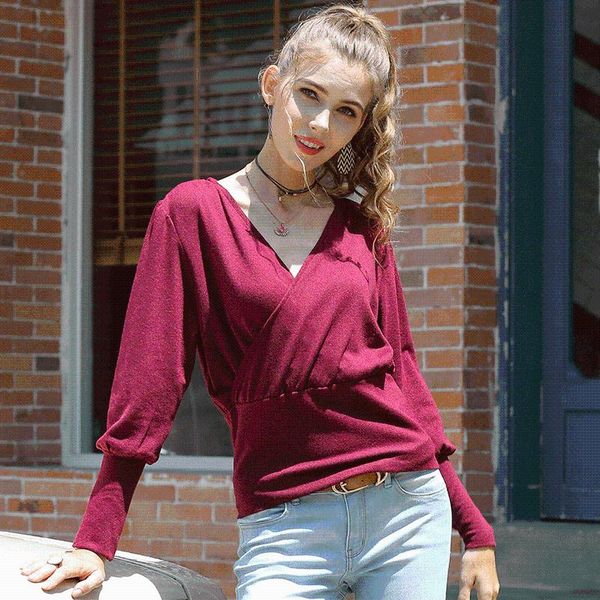 women's blouses & shirts spring jersey knit cross front for ladies v-neck lantern sleeve t fashion tees autumn clothes, White
women's blouses & shirts spring jersey knit cross front for ladies v-neck lantern sleeve t fashion tees autumn clothes, White