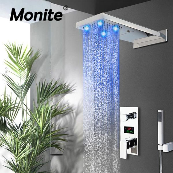 bathroom shower sets monite chrome polish faucet wall mounted led rainfall head 3 functions digital display mixer set 
bathroom shower sets monite chrome polish faucet wall mounted led rainfall head 3 functions digital display mixer set