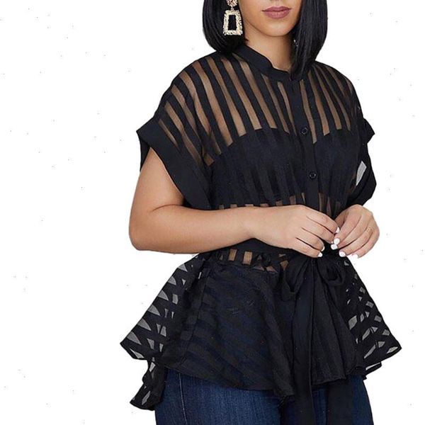 womens shirts flared perspective striped fashion short sleeve blouse with waist belt drop, White
womens shirts flared perspective striped fashion short sleeve blouse with waist belt drop, White
