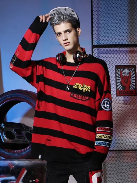 men letter patched striped pattern ripped drop shoulder sweater p1ad#, White;black
men letter patched striped pattern ripped drop shoulder sweater p1ad#, White;black