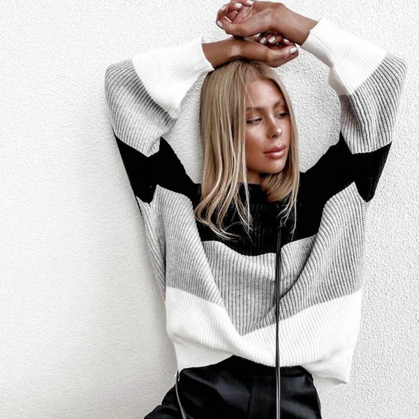 women sweaters keep warm novelty striped knitting o-neck sweater long sleeve patchwork cardigan, White;black
women sweaters keep warm novelty striped knitting o-neck sweater long sleeve patchwork cardigan, White;black