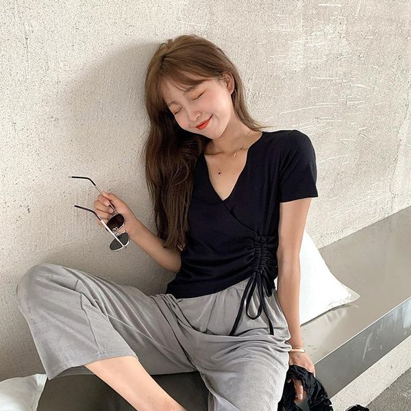 women's t-shirt vintage sweet summer high waist short-sleeved female v-neck cord tide, White
women's t-shirt vintage sweet summer high waist short-sleeved female v-neck cord tide, White