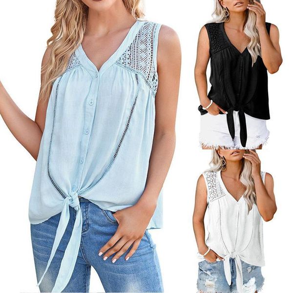 women's blouses & shirts 2021 europe and america summer hollowed out lace vest sleeveless knot chiffon v-neck shirt, White 
women's blouses & shirts 2021 europe and america summer hollowed out lace vest sleeveless knot chiffon v-neck shirt, White