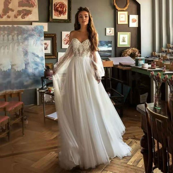 princess wedding dress puff sleeve boho bride dresses nude tulle wedding gowns lace appliques vestido de novia brautkleid, White
princess wedding dress puff sleeve boho bride dresses nude tulle wedding gowns lace appliques vestido de novia brautkleid, White