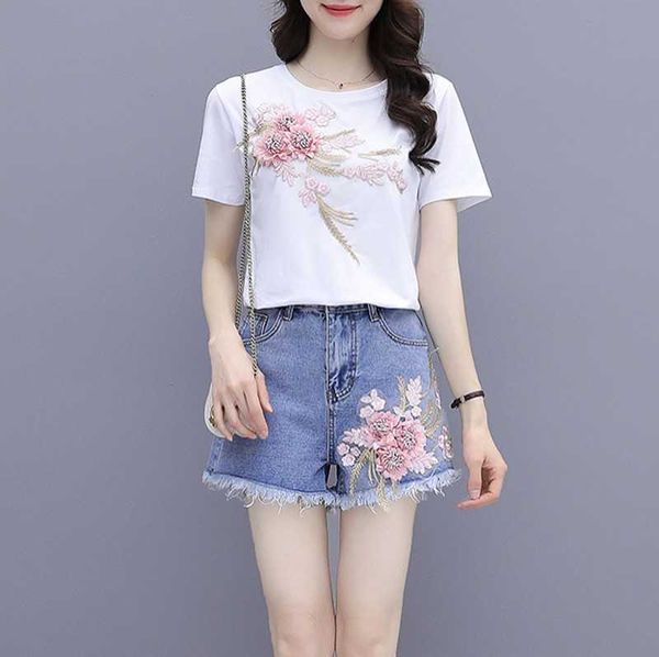 summer fashion women beaded 3d flower cotton tshirts + denim short pant costumes suits 210531, White
summer fashion women beaded 3d flower cotton tshirts + denim short pant costumes suits 210531, White