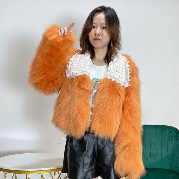 women's fur & faux fashion design ladies lace border genuine coat women winter short outwear 2021, Black
women's fur & faux fashion design ladies lace border genuine coat women winter short outwear 2021, Black