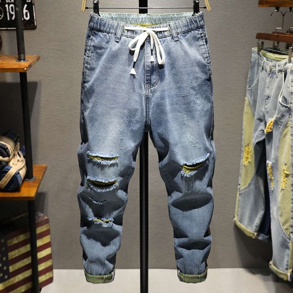 summer jeans men's straight tube loose light color pierced youth drawstring trend cropped pants, Blue
summer jeans men's straight tube loose light color pierced youth drawstring trend cropped pants, Blue