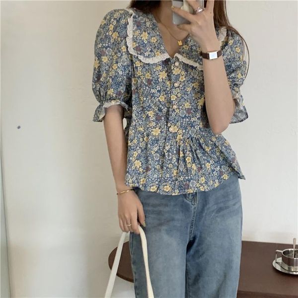 women's blouses & shirts summer shirt doll collar lace stitching puff sleeve floral single breasted blouse female, White
women's blouses & shirts summer shirt doll collar lace stitching puff sleeve floral single breasted blouse female, White