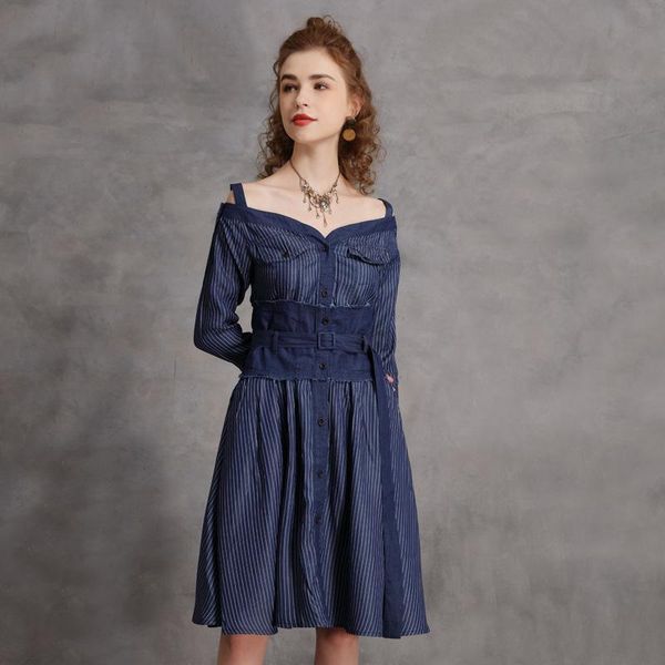casual dresses women slash nech strap stripe slim fit belt denim dress ladies vintage fashion streetwear lightweight breathable jeans, Black;gray
casual dresses women slash nech strap stripe slim fit belt denim dress ladies vintage fashion streetwear lightweight breathable jeans, Black;gray