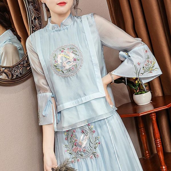 ethnic clothing women improved satin 2pcs suit cheongsam mandarin collar embroidery floral chinese dress lace long sleeve qipao vestido, Red