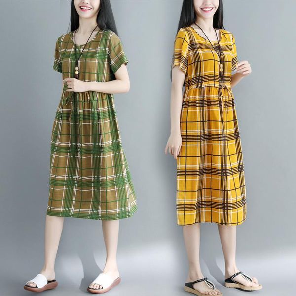 women's jeans summer loose large women's medium and long plaid skirt drawstring lace up literary dress fashion, Blue
women's jeans summer loose large women's medium and long plaid skirt drawstring lace up literary dress fashion, Blue