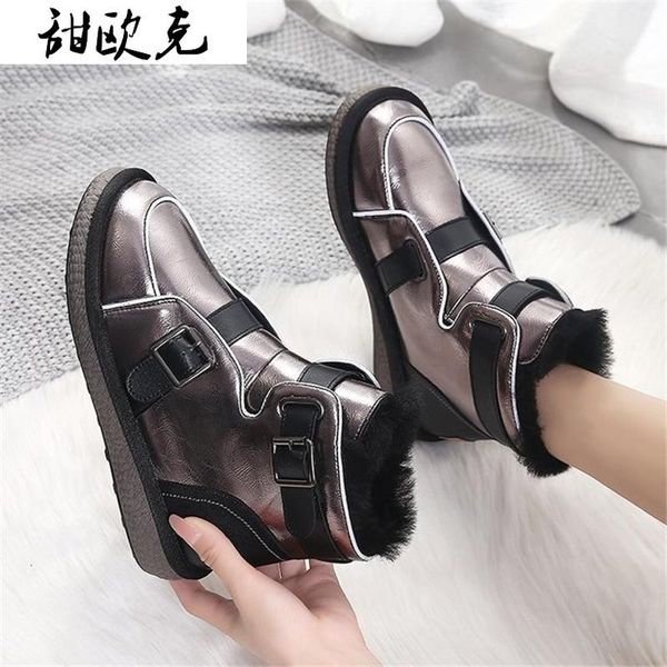 boots 2021 pu leather women winter ankle fashion warm short plush for snow hasp thicken botas mujer platform, Black 
boots 2021 pu leather women winter ankle fashion warm short plush for snow hasp thicken botas mujer platform, Black