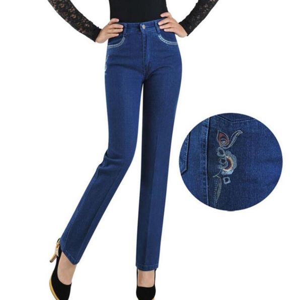 

plus size 38 women casual elasticity straight pants jeans middle aged female high waist embroidery denim pants s812, Blue