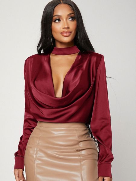 solid mock neck cut out satin blouse p3ck#, White 
solid mock neck cut out satin blouse p3ck#, White