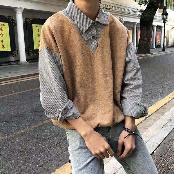 men's sweaters 2021 fake two clothes pullover lapel collar knitting bf korean style coats student fashion trend outerwear, White;black
men's sweaters 2021 fake two clothes pullover lapel collar knitting bf korean style coats student fashion trend outerwear, White;black