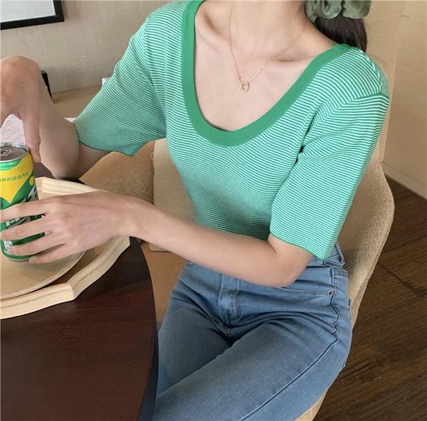 women's t-shirt loose pullover u-neck striped slim short-sleeved ice silk knitted top, White
women's t-shirt loose pullover u-neck striped slim short-sleeved ice silk knitted top, White