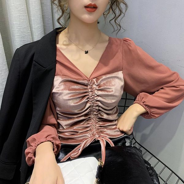 women's polos 2021 autumn and winter trendy mesh stitching drawstring bright pleuche v-neck bottoming shirt inner wear, White
women's polos 2021 autumn and winter trendy mesh stitching drawstring bright pleuche v-neck bottoming shirt inner wear, White