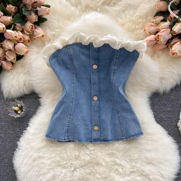women's blouses & shirts singreiny retro denim strapless blouse women sleeveless backless ruched slim summer korean off shoulder s, White
women's blouses & shirts singreiny retro denim strapless blouse women sleeveless backless ruched slim summer korean off shoulder s, White