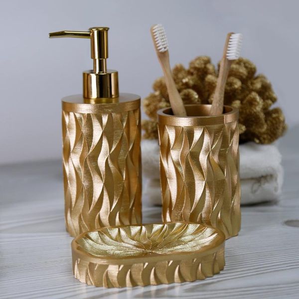 bath accessory set bathroom decor of 3 gold color with liquid soap dispenser, toothbrush holder, dispenser
bath accessory set bathroom decor of 3 gold color with liquid soap dispenser, toothbrush holder, dispenser